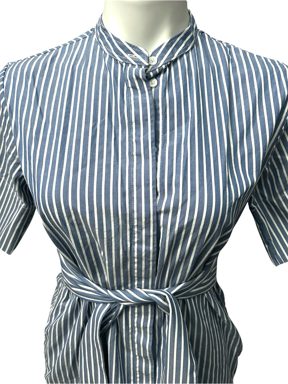 Everlane Blue & White Striped Collarless Cotton Belted Shirtdress - Size 2 - Picture 5 of 13